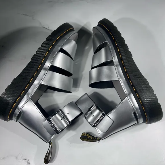 Dr Martens Clarissa II Silver Metallic Calf Black Leather Platform Sandals
