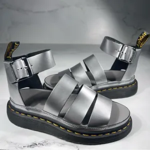 Dr Martens Clarissa II Silver Metallic Calf Black Leather Platform Sandals