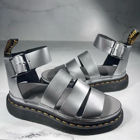 Dr Martens Clarissa II Silver Metallic Calf Black Leather Platform Sandals