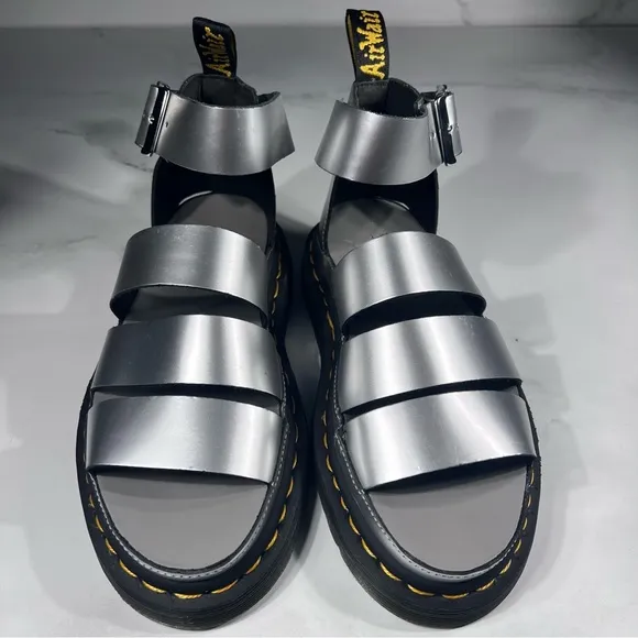 Dr Martens Clarissa II Silver Metallic Calf Black Leather Platform Sandals
