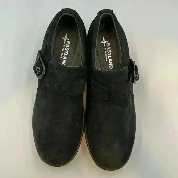 Eastland size 8M black suede shoe with buckle accent
