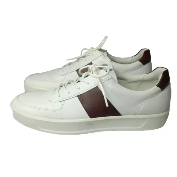 ECCO Men's Soft 8 Tie Fashion Sneaker 12 M Leather Shoes White &amp; Brown MSRP $185