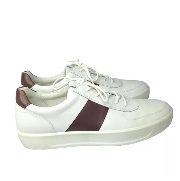 ECCO Men's Soft 8 Tie Fashion Sneaker 12 M Leather Shoes White &amp; Brown MSRP $185