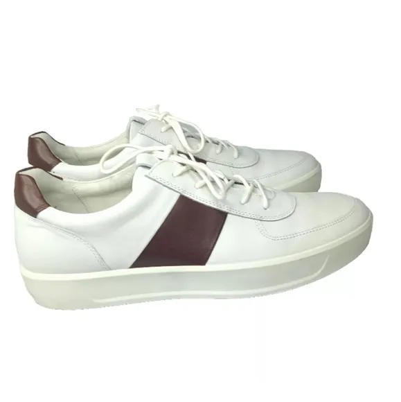 ECCO Men's Soft 8 Tie Fashion Sneaker 12 M Leather Shoes White &amp; Brown MSRP $185