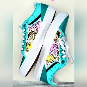 Ed Edd N Eddy - OOAK Teal/Black/White Vans Shoes (WOMENS SIZE 8)