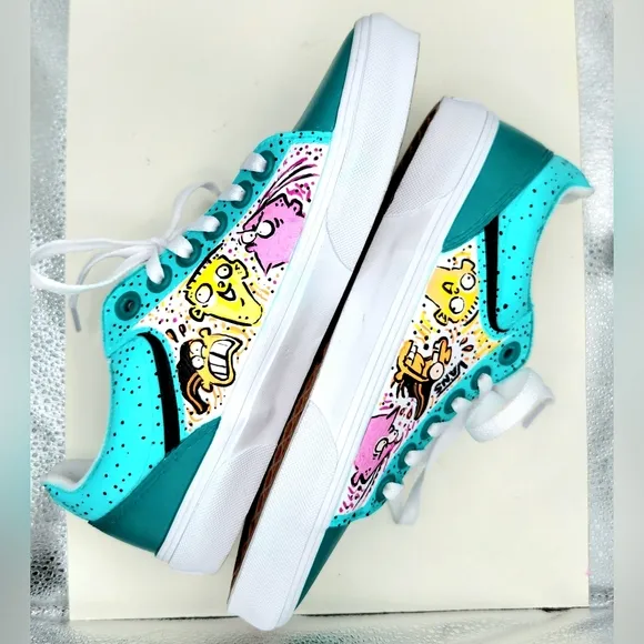 Ed Edd N Eddy - OOAK Teal/Black/White Vans Shoes (WOMENS SIZE 8)