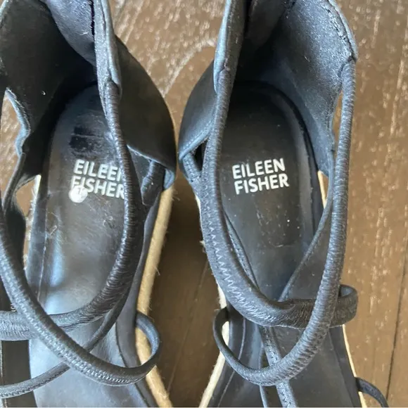 Eileen‎ Fisher Black Leather Strappy Espadrilles Sandals Wedges Size 6.5