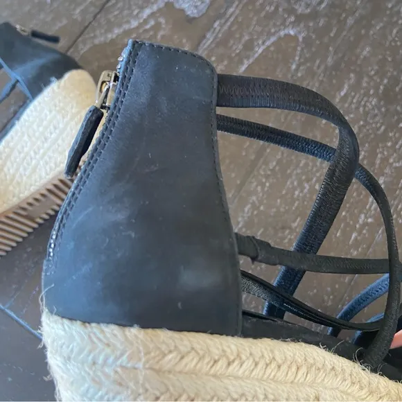 Eileen‎ Fisher Black Leather Strappy Espadrilles Sandals Wedges Size 6.5