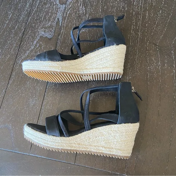 Eileen‎ Fisher Black Leather Strappy Espadrilles Sandals Wedges Size 6.5