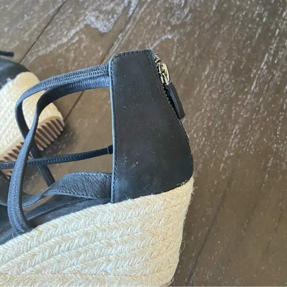 Eileen‎ Fisher Black Leather Strappy Espadrilles Sandals Wedges Size 6.5