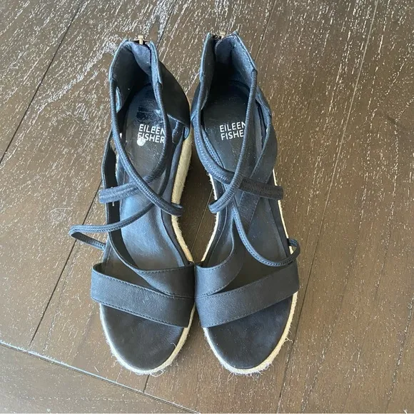 Eileen‎ Fisher Black Leather Strappy Espadrilles Sandals Wedges Size 6.5
