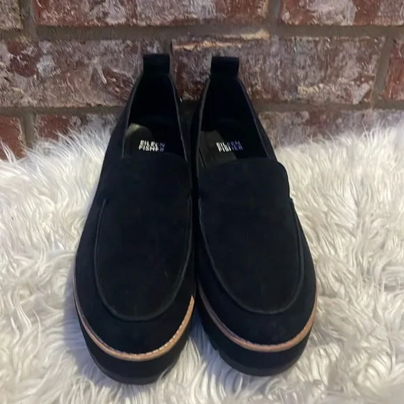 Eileen Fisher Ells Suede Loafer Wedge Black Shoes Size 9.5