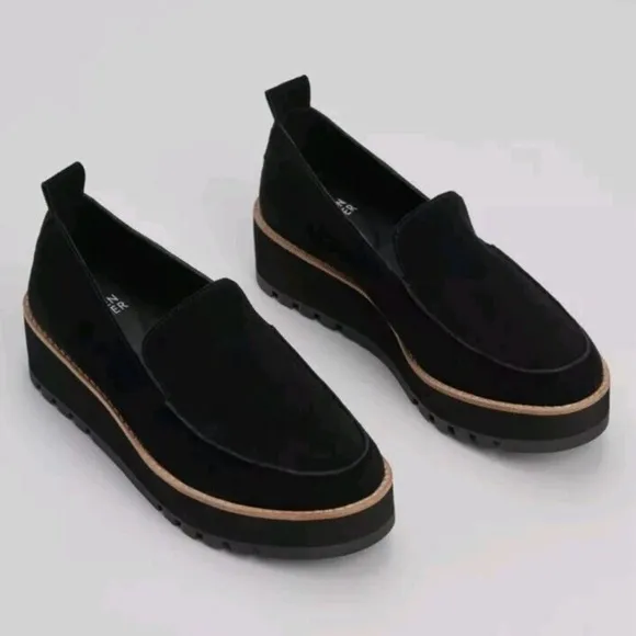 Eileen Fisher Ells Suede Loafer Wedge Black Shoes Size 9.5