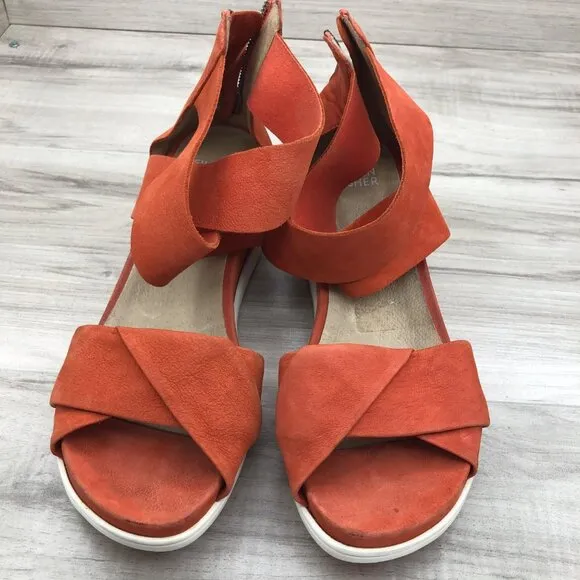 Eileen Fisher Sandals Womens 7.5 Viv Orange Low Wedge Zip Shoes