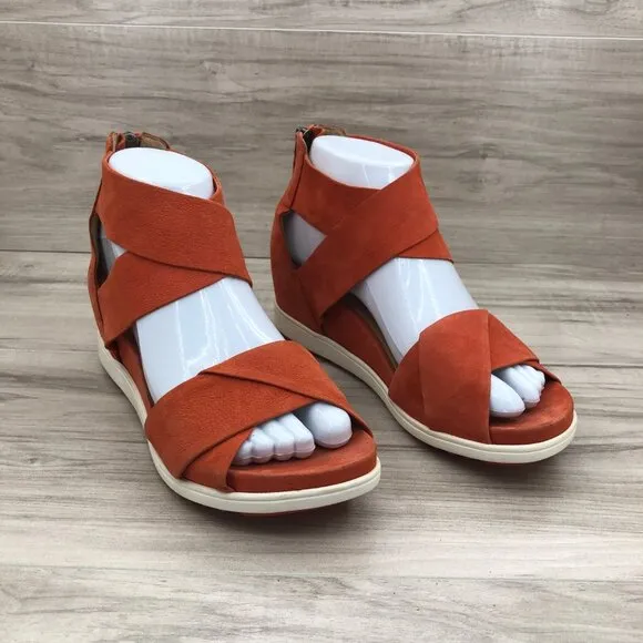 Eileen Fisher Sandals Womens 7.5 Viv Orange Low Wedge Zip Shoes