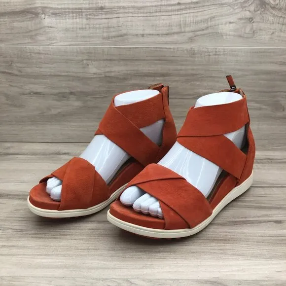 Eileen Fisher Sandals Womens 7.5 Viv Orange Low Wedge Zip Shoes