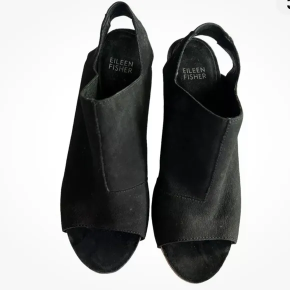 EILEEN FISHER Suede Black Peep Toe Slingback Slide Sandal, Size 7