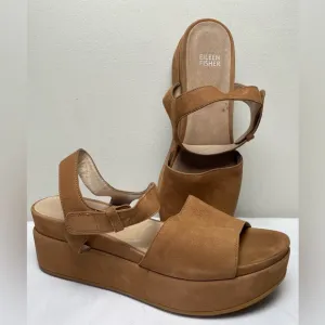 Eileen Fisher Tan Brown Leather Jasper Strappy Platform Sandals  Women Size 10