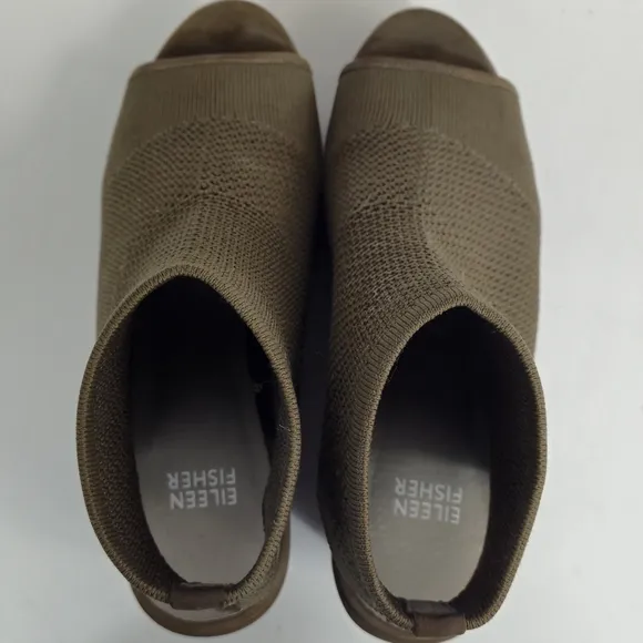 Eileen Fisher Warrick Brown Stretch Fly Knit Platform Wedge Sandals Size 8.5