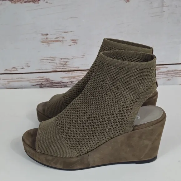 Eileen Fisher Warrick Brown Stretch Fly Knit Platform Wedge Sandals Size 8.5