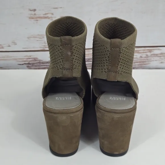 Eileen Fisher Warrick Brown Stretch Fly Knit Platform Wedge Sandals Size 8.5