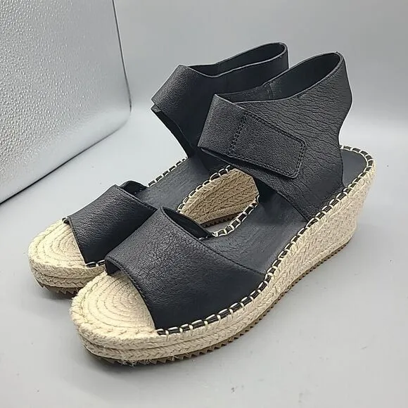 Eileen Fisher Weslia Sz 9.5 Sandals Espadrille Wedge  Black Leather Coastal New