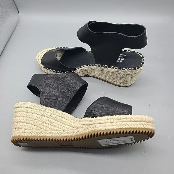 Eileen Fisher Weslia Sz 9.5 Sandals Espadrille Wedge  Black Leather Coastal New