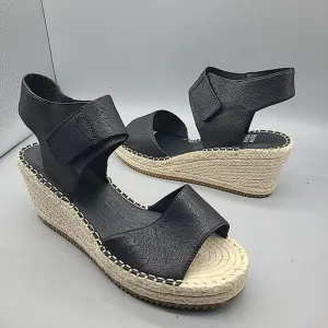 Eileen Fisher Weslia Sz 9.5 Sandals Espadrille Wedge  Black Leather Coastal New