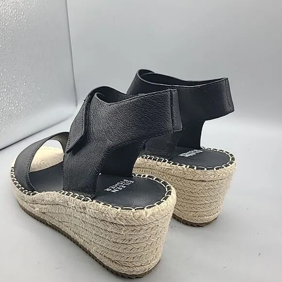Eileen Fisher Weslia Sz 9.5 Sandals Espadrille Wedge  Black Leather Coastal New
