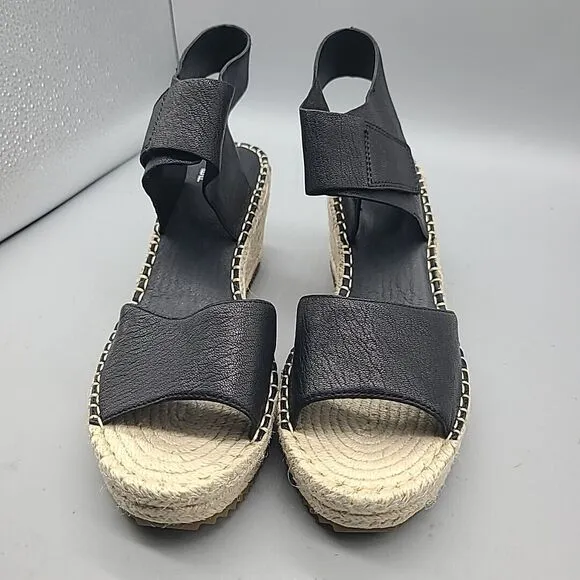 Eileen Fisher Weslia Sz 9.5 Sandals Espadrille Wedge  Black Leather Coastal New