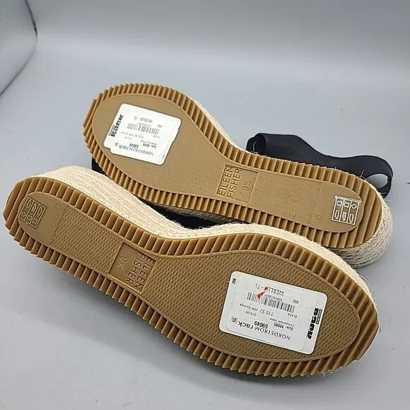 Eileen Fisher Weslia Sz 9.5 Sandals Espadrille Wedge  Black Leather Coastal New