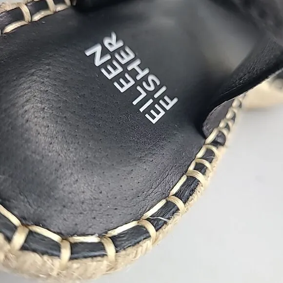 Eileen Fisher Weslia Sz 9.5 Sandals Espadrille Wedge  Black Leather Coastal New