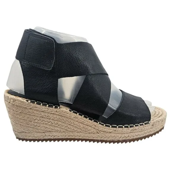 Eileen Fisher Womens 7 Willow Espadrille Wedge Black Leather Sandals