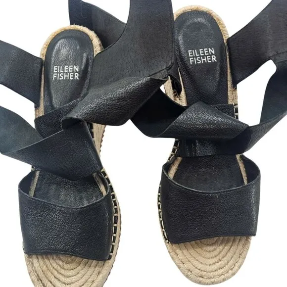 Eileen Fisher Womens 7 Willow Espadrille Wedge Black Leather Sandals