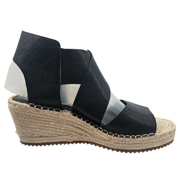 Eileen Fisher Womens 7 Willow Espadrille Wedge Black Leather Sandals