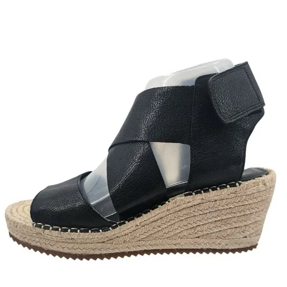 Eileen Fisher Womens 7 Willow Espadrille Wedge Black Leather Sandals
