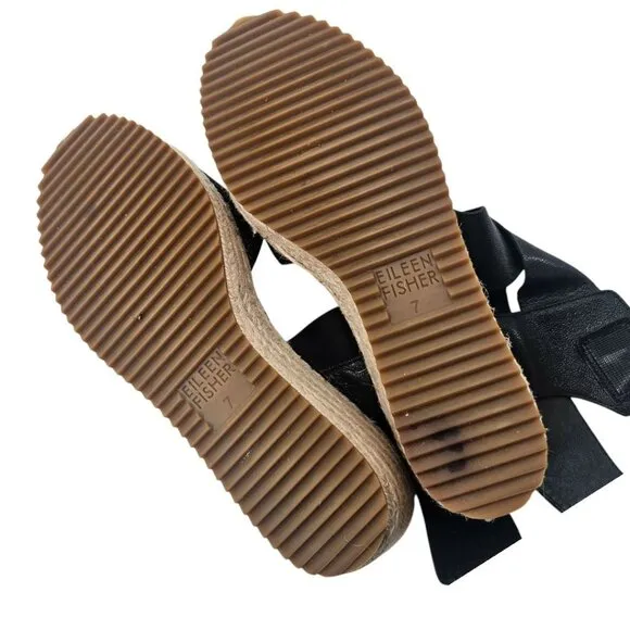 Eileen Fisher Womens 7 Willow Espadrille Wedge Black Leather Sandals
