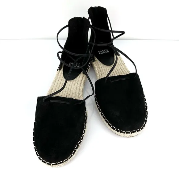 Eileen Fisher Women's Lace Up Espadrilles Leather Sandals Black Size 8.5