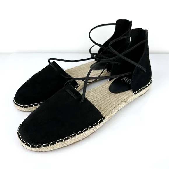 Eileen Fisher Women's Lace Up Espadrilles Leather Sandals Black Size 8.5