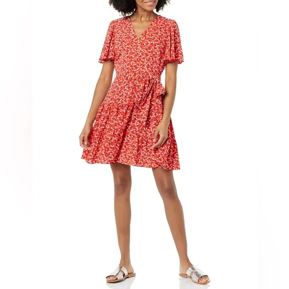 Eliza J Women's V Neck Flutter Sleeve Fit And Flare Dress, Red, 14