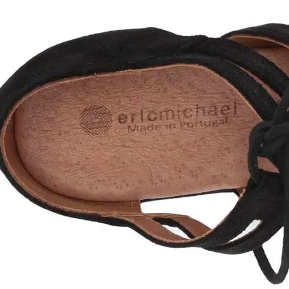 Eric Michael Ellie Black Leather Suede Lace up Sandals Flat Heel Boho Shoes 40