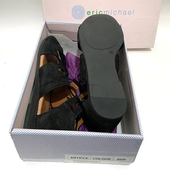 Eric Michael Ellie Black Leather Suede Lace up Sandals Flat Heel Boho Shoes 40