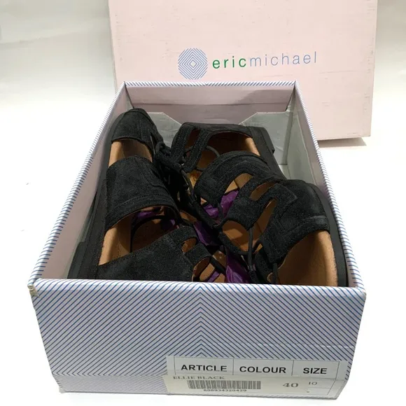 Eric Michael Ellie Black Leather Suede Lace up Sandals Flat Heel Boho Shoes 40