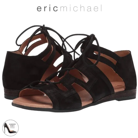 Eric Michael Ellie Black Leather Suede Lace up Sandals Flat Heel Boho Shoes 40