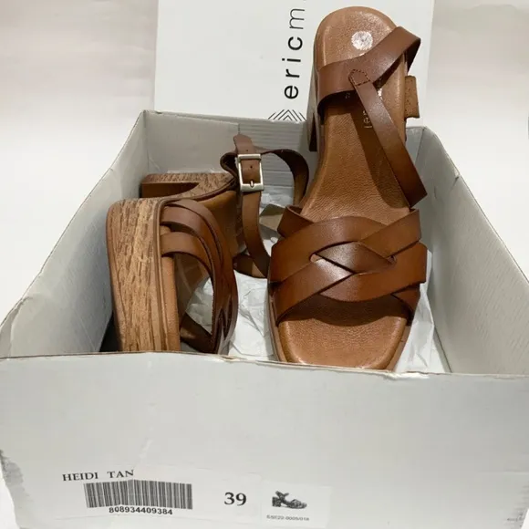 Eric Michael Heidi Tan Leather Clog Sandals Block Heel Women’s Shoes Mules 39