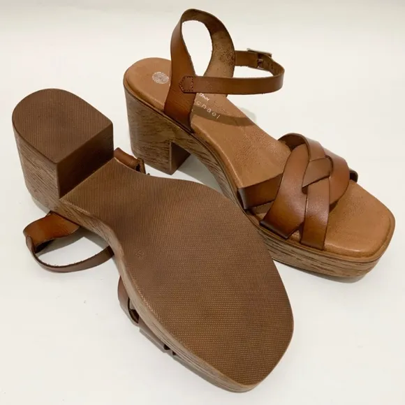 Eric Michael Heidi Tan Leather Clog Sandals Block Heel Women’s Shoes Mules 39