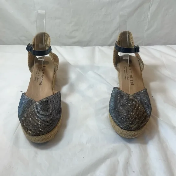 Eric Michael Women Copa Sparkle Gold Leather Espadrille Wedge Dress Sandal