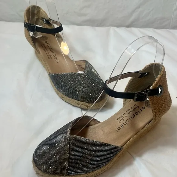 Eric Michael Women Copa Sparkle Gold Leather Espadrille Wedge Dress Sandal
