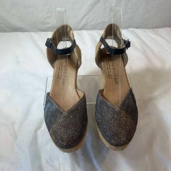 Eric Michael Women Copa Sparkle Gold Leather Espadrille Wedge Dress Sandal