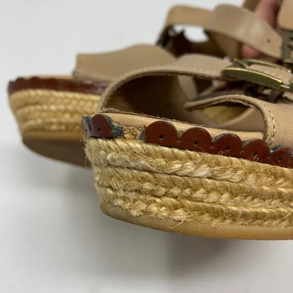 Eric Michael Women's Sz 38 US 7 Ankle Strap Espadrilles Wedge Sandals Tan *READ